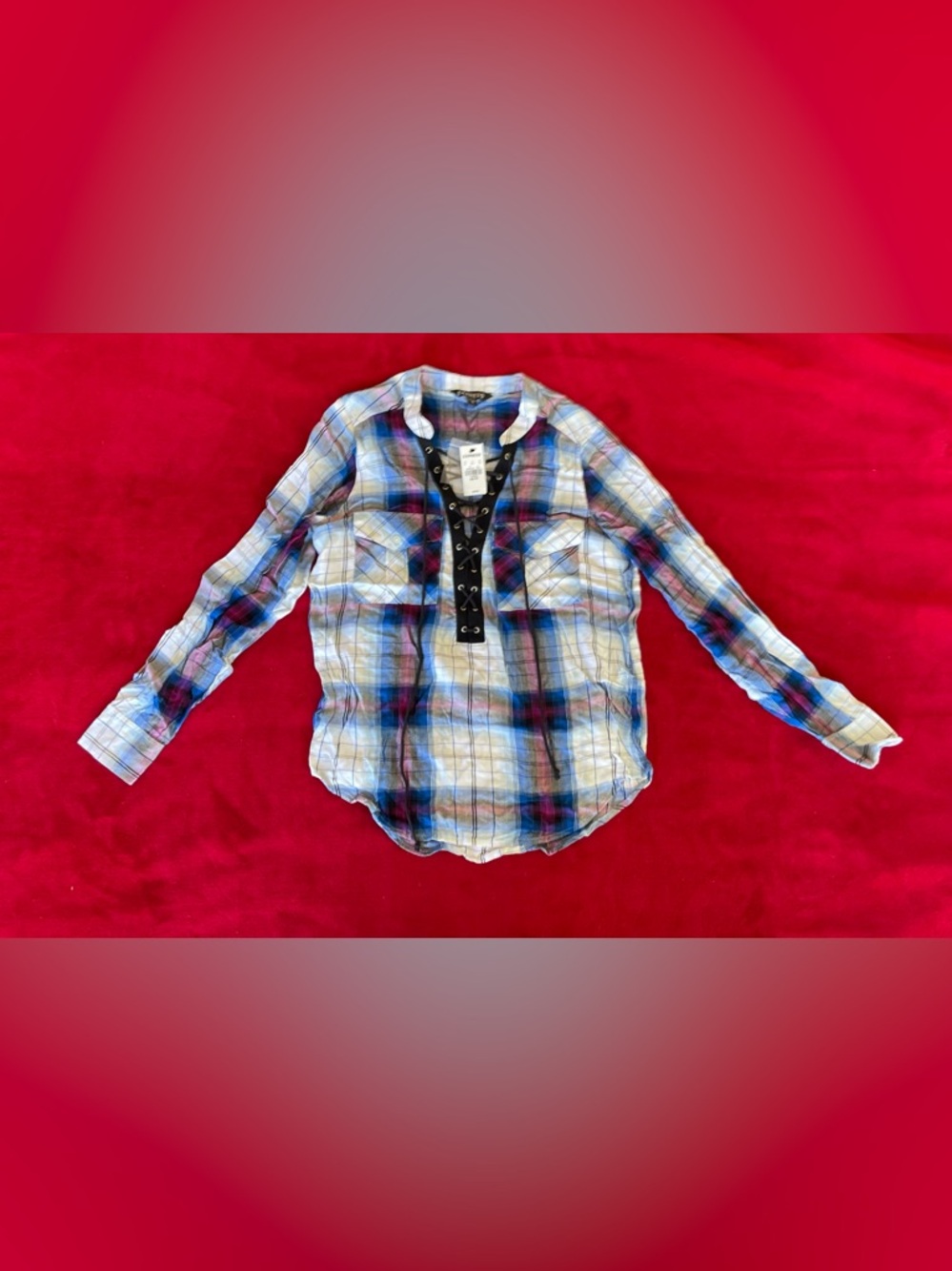 NWT Express Women's Long Sleeve Multicolor Plaid Pullover Front Tie Blouse XS
